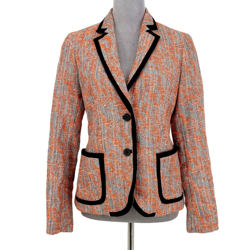 Anne Klein Jacket Womens 4 Orange Black Tweed Lined Blazer Cotton Blend Pockets